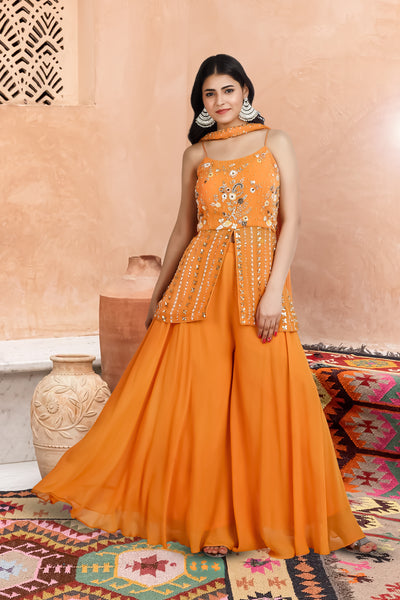 Orange Hand Embroidery Peplum Sharara Dress