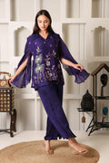 Vana Deep Purple Embroidered Sheer Sleeve Co-Ord Set with Wide-Leg Pants