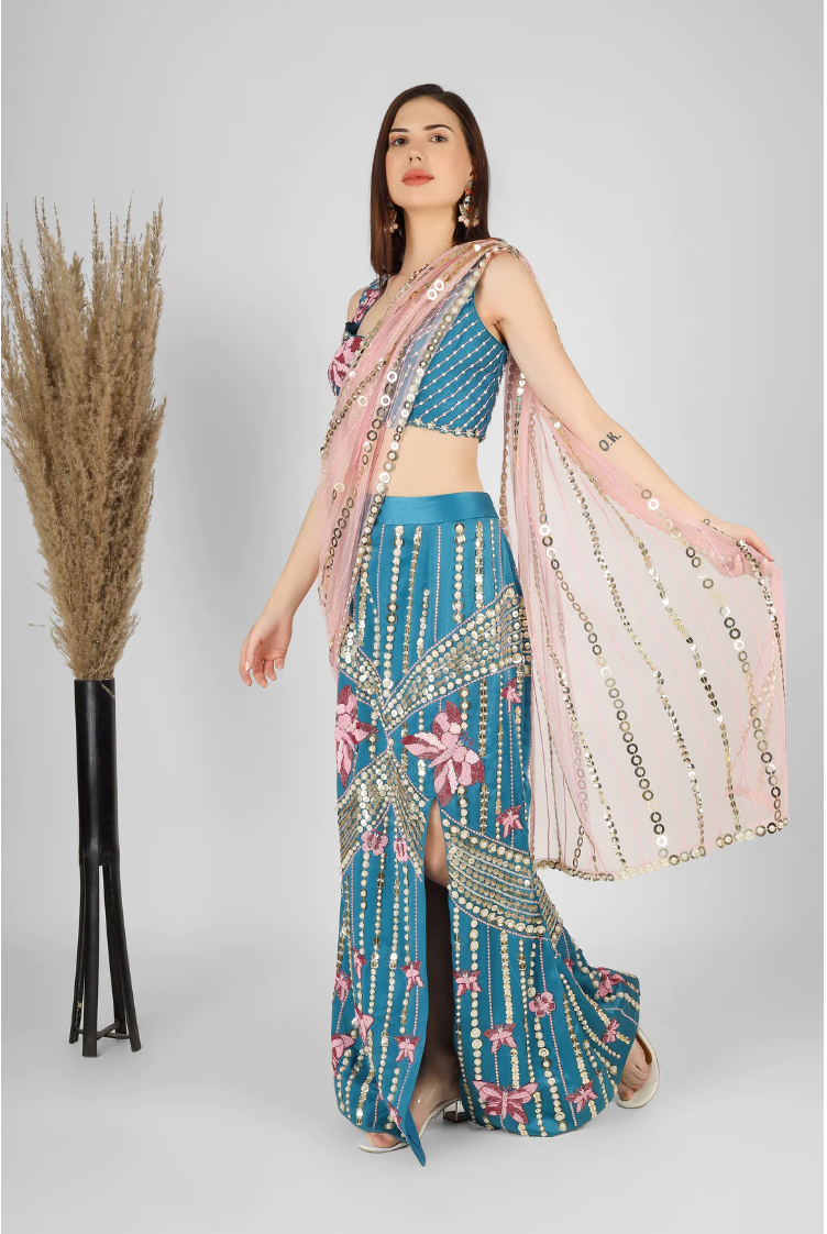 Peacock Blue and Peach Exclusive Slit Lehenga