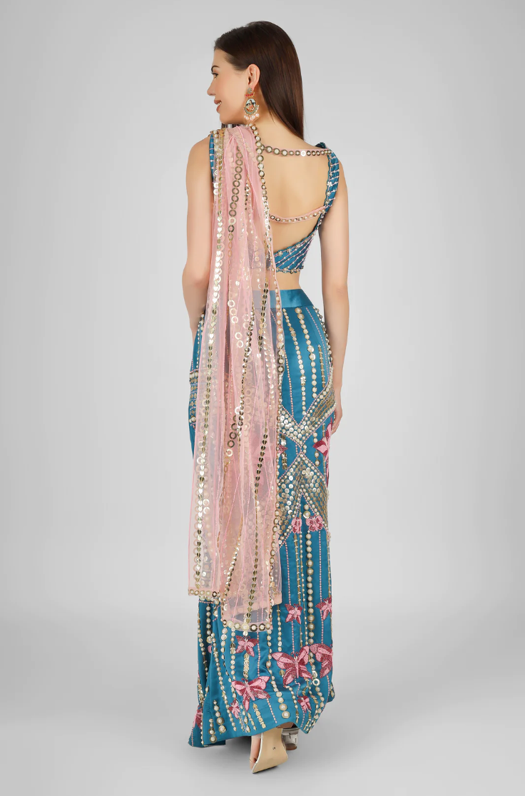 Peacock Blue and Peach Exclusive Slit Lehenga