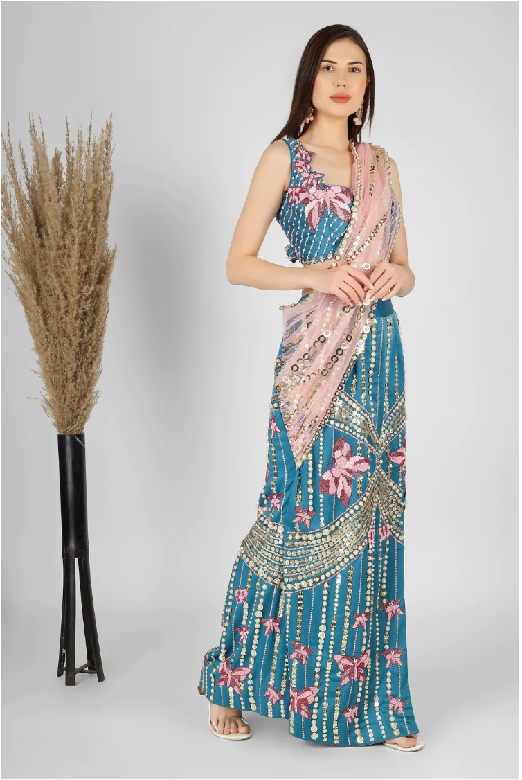 Peacock Blue and Peach Exclusive Slit Lehenga