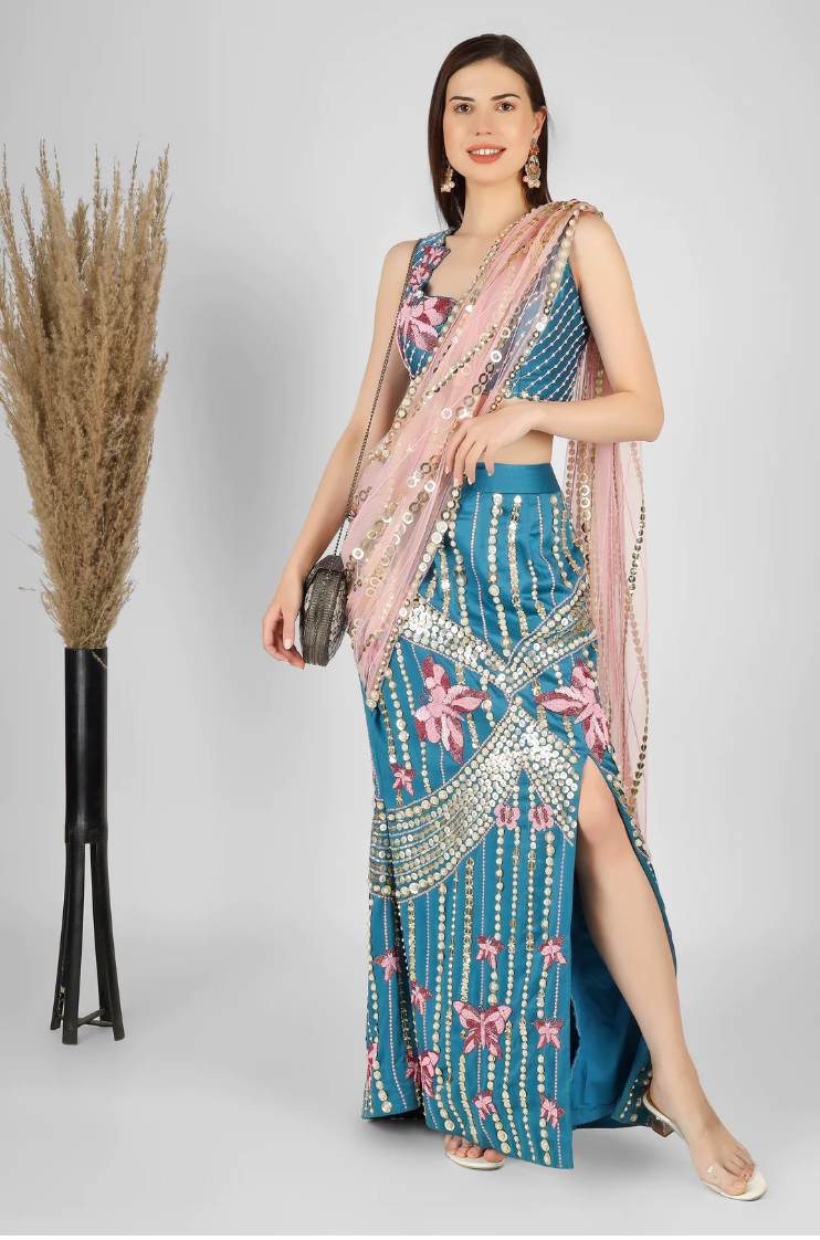 Peacock Blue and Peach Exclusive Slit Lehenga