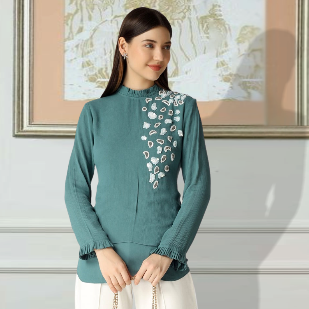 Viridian Green Hand Embroidered Shell Work Round Neck Top