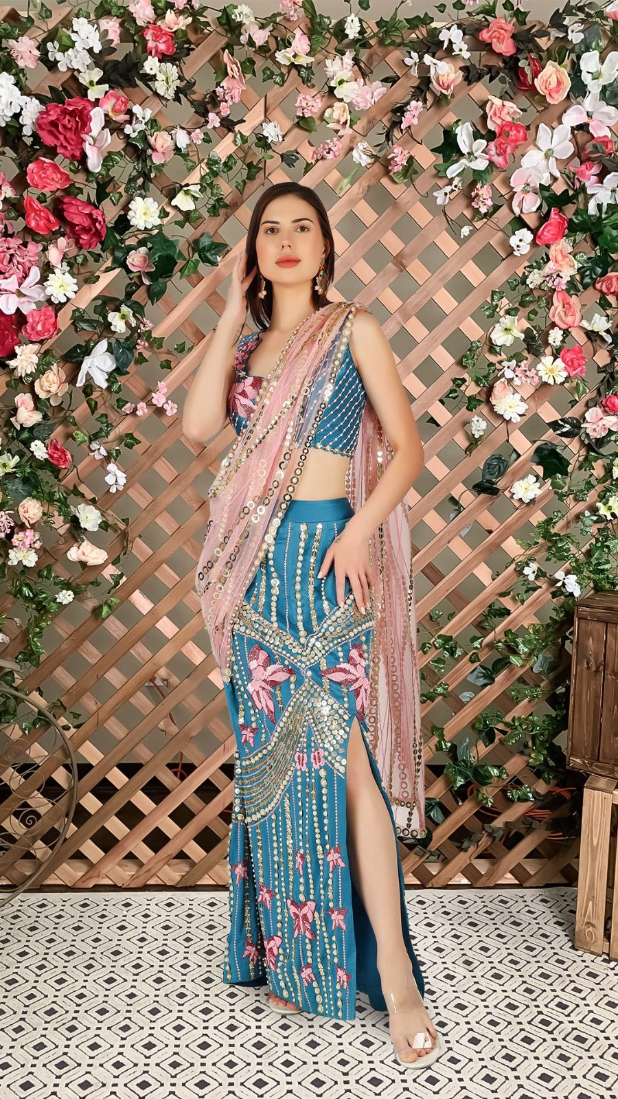 Peacock Blue and Peach Exclusive Slit Lehenga