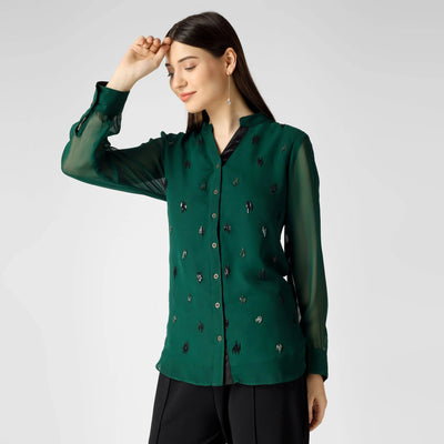 Pine Green Shirt Collar Top 