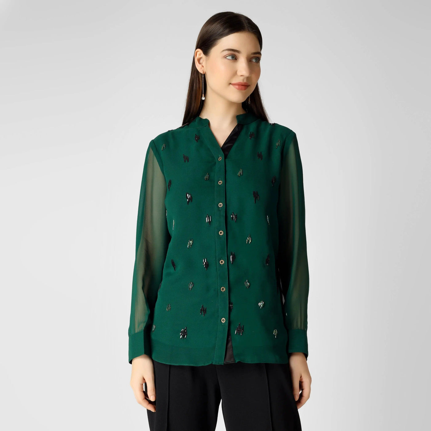 Pine Green Shirt Collar Top 