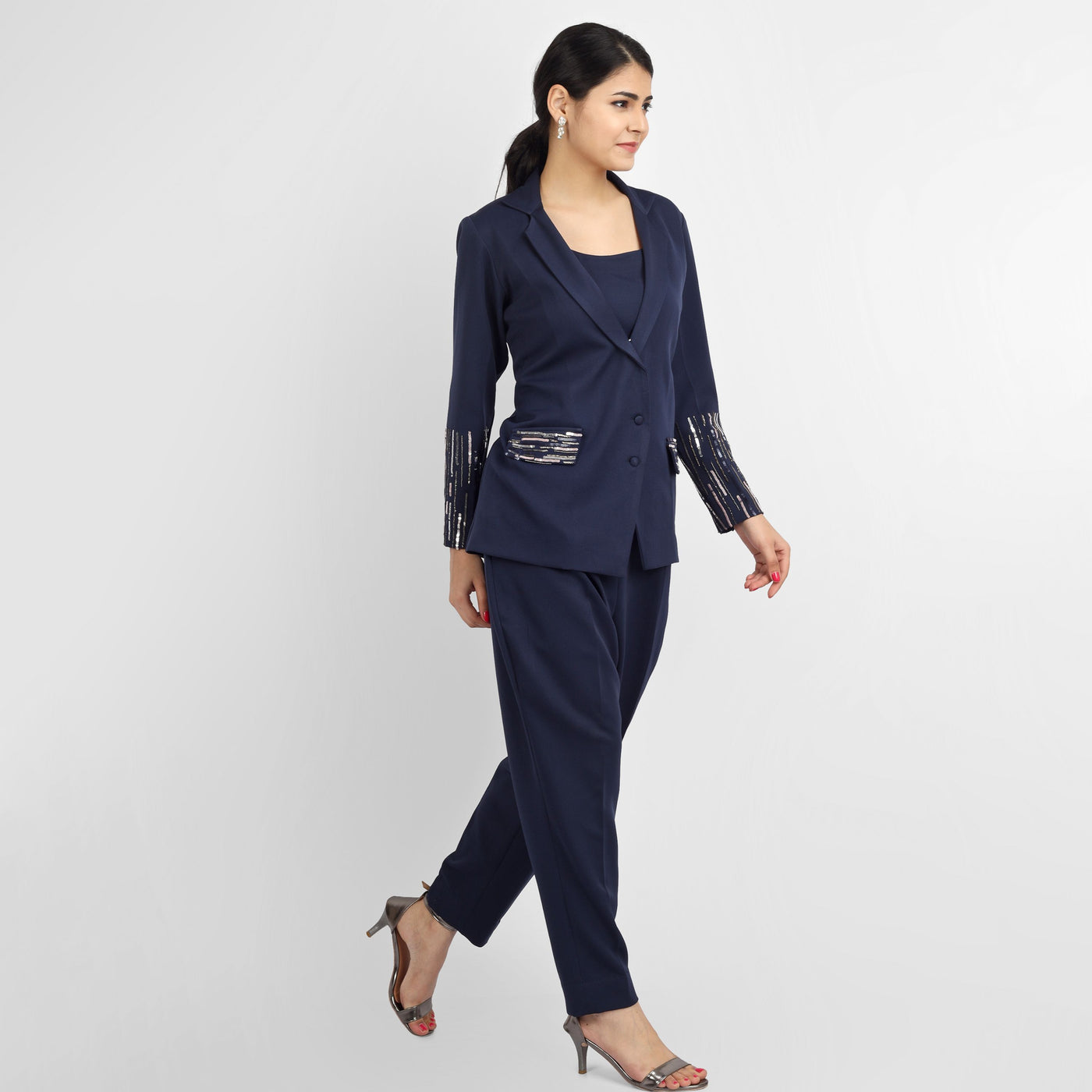 Millenium Blue 3 Pcs Co-ord set with Hand Embroidered Sleeves and Pocket