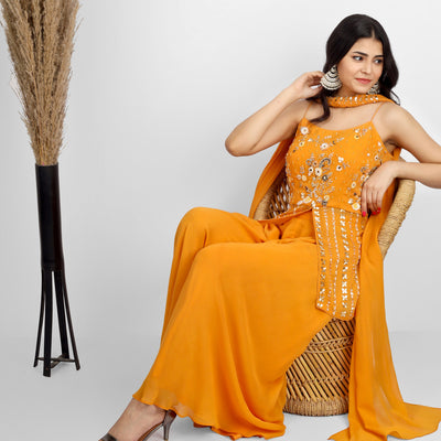 Orange Hand Embroidery Peplum Sharara Dress