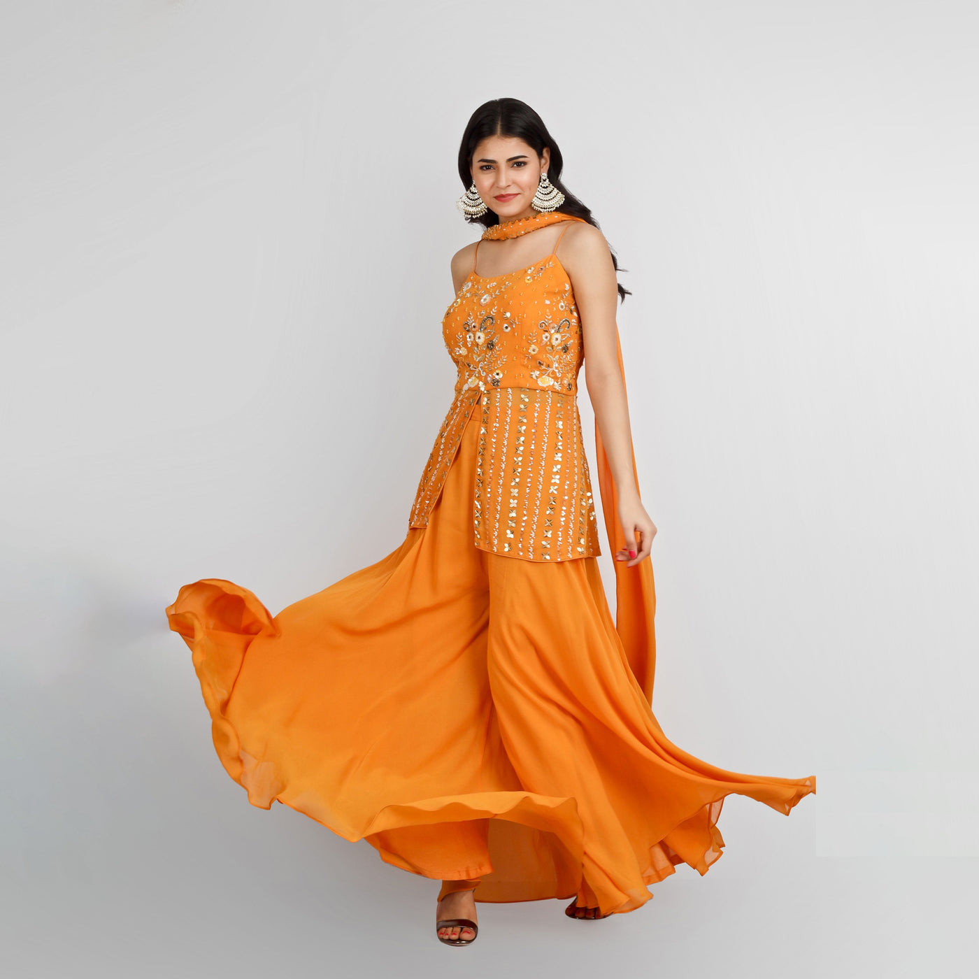 Orange Hand Embroidery Peplum Sharara Dress