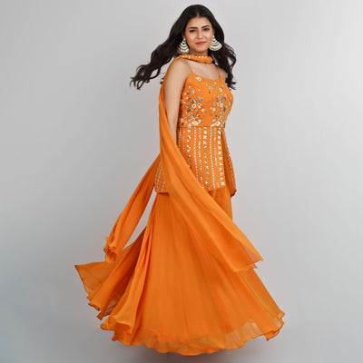 Orange Hand Embroidery Peplum Sharara Dress