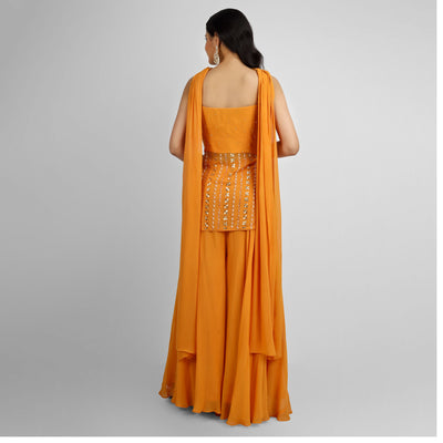 Orange Hand Embroidery Peplum Sharara Dress