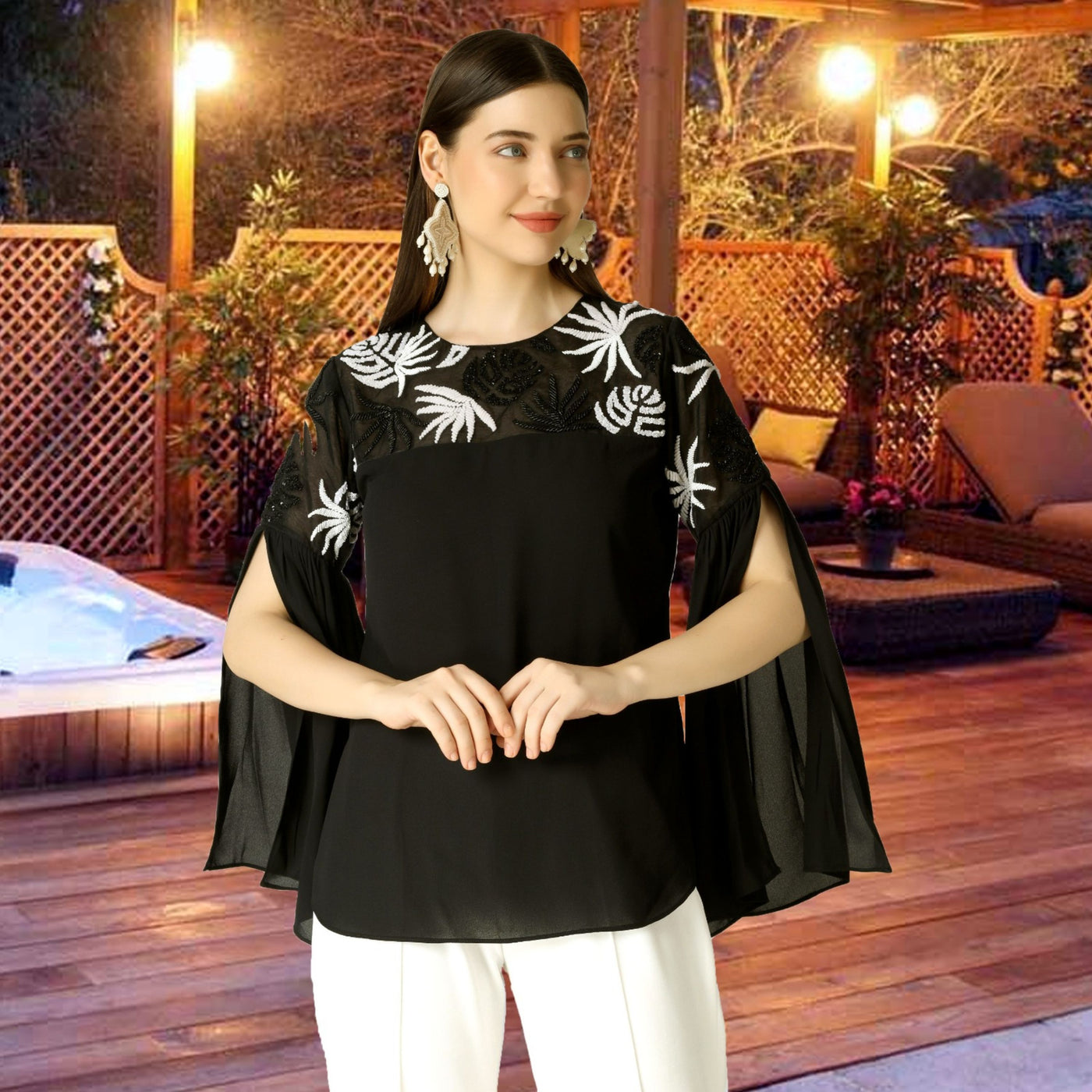 Chasm Black Flutter Hand Embroidered Leaf Top