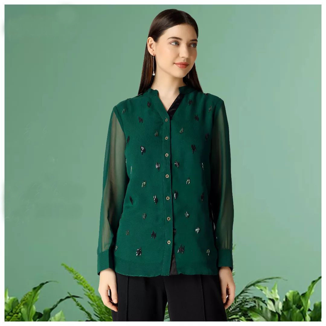 Pine Green Full Hand Embroidered Top